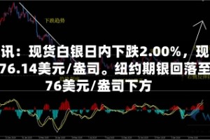 快讯：现货白银日内下跌2.00%，现报76.14美元/盎司。纽约期银回落至76美元/盎司下方