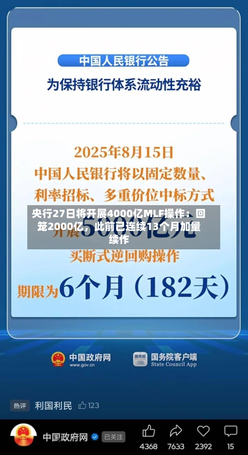 央行27日将开展4000亿MLF操作：回笼2000亿，此前已连续13个月加量续作-第1张图片
